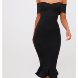 Black Bardot Frill Hem Midi Dress